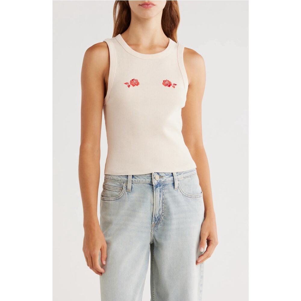 Hi Res Rose Embroidered Tank Top Size Medium Pink Ribbed 90s Fairy Grunge